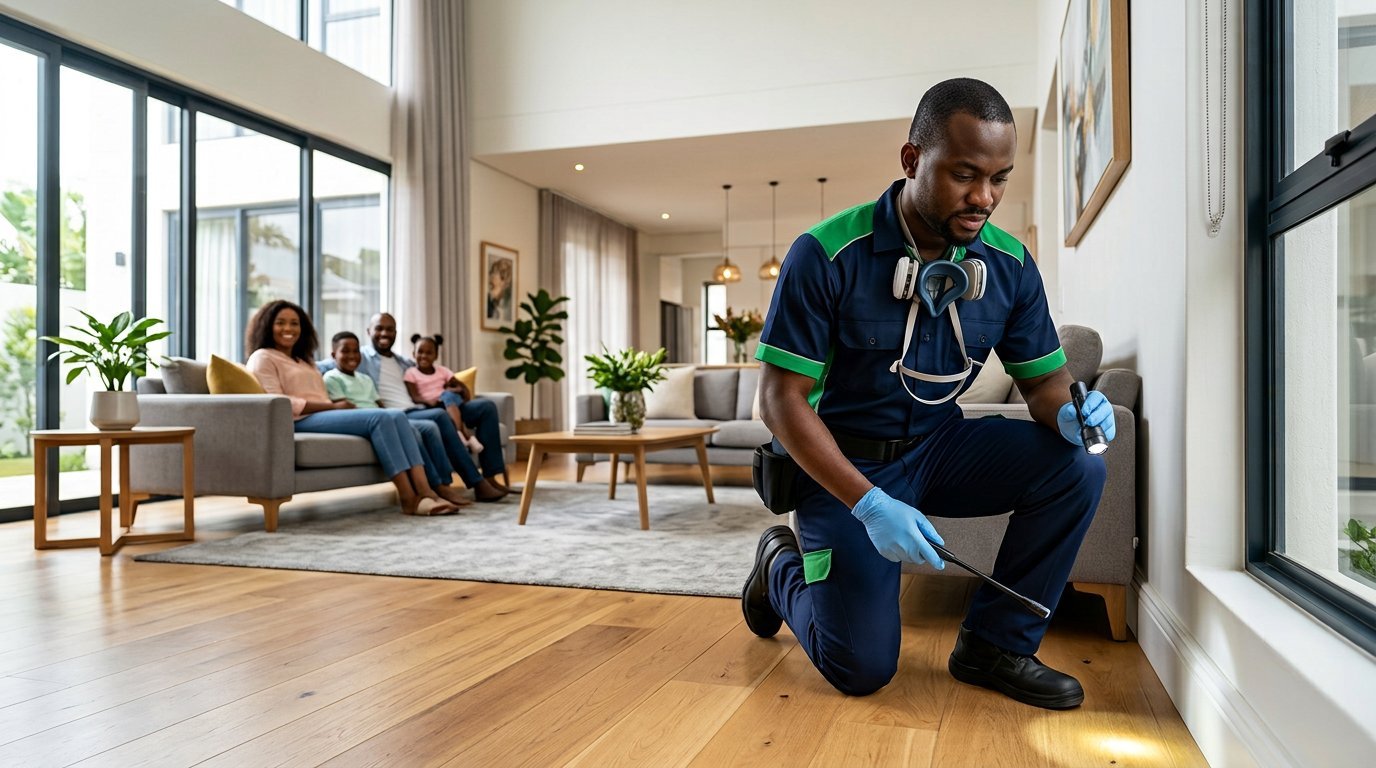 Pest-control technician inspecting a modern Lagos home